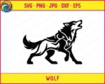 Black silhouette image of a wolf in a strong walking pose with its head raised in a howl. The wolf svg features a solid black body with detailed tribal-style line work flowing through the torso and shoulders, creating an outlined inner design within the silhouette. The wolf's tail curves upward and its front paw is lifted mid-stride. This wolf clipart vector sits on a transparent background with clean, sharp edges throughout the design.