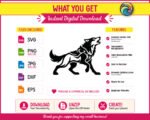 Black silhouette image of a wolf in a strong walking pose with its head raised in a howl. The wolf svg features a solid black body with detailed tribal-style line work flowing through the torso and shoulders, creating an outlined inner design within the silhouette. The wolf's tail curves upward and its front paw is lifted mid-stride. This wolf clipart vector sits on a transparent background with clean, sharp edges throughout the design.
