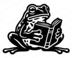 Black silhouette image of a frog reading a book, shown as a large detailed tree frog sitting upright with an open book held in both front feet. The frog reading design features thick bold outlines, textured skin markings, a large round eye, and clearly defined toes. The open book shows visible page lines and a spine. This frog reading svg clipart vector is rendered in solid black on a transparent background with clean, precise line work throughout.