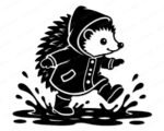 Black silhouette image of a hedgehog in the rain, wearing a hooded raincoat and chunky boots, shown mid-stride with water splashing up around its feet. The hedgehog in the rain svg features detailed spines on the back, buttons running down the coat front, and a smiling face with a round eye. The hedgehog in the rain design is a clean black vector clipart on a transparent background, with bold puddle splash shapes spread across the base of the image.