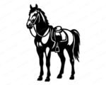 Black silhouette image of a saddled horse standing and facing left in a strong, composed pose. The horse svg shows clear detail in the western-style saddle with stirrups, a bridle on the horse's face, and a flowing mane and tail. This horse clipart is a minimalist vector png on a transparent background, capturing the full body of the horse from nose to hooves in solid black.
