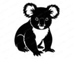 Black silhouette image of a koala sitting upright with its small clawed feet resting flat on the ground. The koala has large, rounded fluffy ears with detailed fur texture, a wide oval nose, small round eyes, and a soft lighter chest area indicated by negative space within the silhouette. This koala svg clipart is a clean, detailed vector with a transparent background, perfect as a png or cut file for digital use.