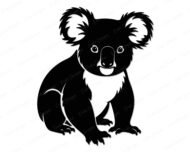 Black silhouette image of a koala sitting upright with its small clawed feet resting flat on the ground. The koala has large, rounded fluffy ears with detailed fur texture, a wide oval nose, small round eyes, and a soft lighter chest area indicated by negative space within the silhouette. This koala svg clipart is a clean, detailed vector with a transparent background, perfect as a png or cut file for digital use.