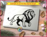 Black silhouette image of a walking lion shown in full side profile. The lion has a thick, detailed mane that fans out around its head and neck. Its body is mid-stride with all four legs visible and a long tail curving behind it. This lion svg png vector clipart features clean black outlines with solid filled areas, set on a transparent background. The lion silhouette has strong contrast and sharp cut-ready edges throughout.