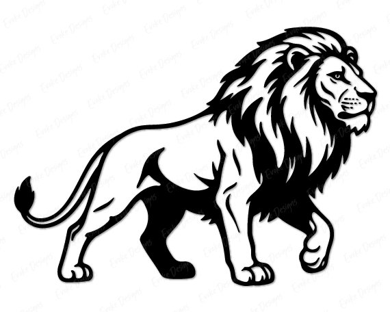 Lion Black silhouette image of a walking lion shown in full side profile. The lion has a thick, detailed mane that fans out around its head and neck. Its body is mid-stride with all four legs visible and a long tail curving behind it. This lion svg png vector clipart features clean black outlines with solid filled areas, set on a transparent background. The lion silhouette has strong contrast and sharp cut-ready edges throughout.