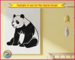 Black silhouette image of a giant panda sitting in a relaxed upright pose, facing slightly to the left. The panda has its front legs resting on the ground and its rounded belly visible between them. Classic panda markings are shown in solid black including the eye patches, ears, and limbs against the white body areas. This panda svg clipart vector has clean smooth outlines and sits on a transparent background, making it a clear and detailed panda cut file image.