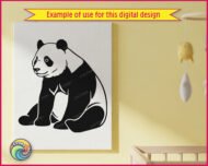 Black silhouette image of a giant panda sitting in a relaxed upright pose, facing slightly to the left. The panda has its front legs resting on the ground and its rounded belly visible between them. Classic panda markings are shown in solid black including the eye patches, ears, and limbs against the white body areas. This panda svg clipart vector has clean smooth outlines and sits on a transparent background, making it a clear and detailed panda cut file image.