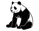 Black silhouette image of a giant panda sitting in a relaxed upright pose, facing slightly to the left. The panda has its front legs resting on the ground and its rounded belly visible between them. Classic panda markings are shown in solid black including the eye patches, ears, and limbs against the white body areas. This panda svg clipart vector has clean smooth outlines and sits on a transparent background, making it a clear and detailed panda cut file image.