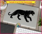 Black silhouette image of a panther walking low to the ground in a stalking pose, shown in full side profile. The panther's head is angled forward with a slightly open mouth showing teeth, and small eye detail visible. The body is long and muscular with a smooth curved back, and the tail sweeps down and back. All four legs are mid-stride with spread claws clearly defined. A clean panther vector silhouette svg on a transparent background.