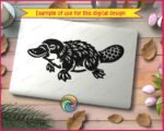 Black silhouette image of a platypus shown in a detailed side-facing pose. The platypus has a wide flat duck bill, a scaled beaver-like tail, and a heavily textured feathered body with visible fur layers. The platypus svg shows four clawed feet with the front feet spread outward. This platypus png vector clipart sits on a transparent background with strong contrast and clean cut lines throughout the design.