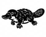 Black silhouette image of a platypus shown in a detailed side-facing pose. The platypus has a wide flat duck bill, a scaled beaver-like tail, and a heavily textured feathered body with visible fur layers. The platypus svg shows four clawed feet with the front feet spread outward. This platypus png vector clipart sits on a transparent background with strong contrast and clean cut lines throughout the design.