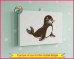 Black silhouette image of a seal sitting upright in a classic sea lion pose. The seal has a round, plump body with a lighter chest area, short front flippers, and a fan-shaped tail flipper behind it. The seal's face features large round eyes, a broad nose, and long detailed whiskers fanning out to each side. This seal clipart is a clean vector png with a transparent background, drawn in a bold minimalist silhouette outline style.