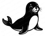 Black silhouette image of a seal sitting upright in a classic sea lion pose. The seal has a round, plump body with a lighter chest area, short front flippers, and a fan-shaped tail flipper behind it. The seal's face features large round eyes, a broad nose, and long detailed whiskers fanning out to each side. This seal clipart is a clean vector png with a transparent background, drawn in a bold minimalist silhouette outline style.