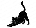 Black silhouette image of a stretching cat in a deep forward bow pose, with both front legs extended forward along the ground and the tail raised in a tall elegant curl. The stretching cat silhouette shows fine fur texture detail around the edges, pointed ears, and a focused feline expression. This stretching cat clipart is a minimalist black vector svg and png with a transparent background, capturing the full body of the cat in profile from the side.