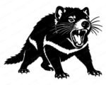 Black silhouette image of a snarling tasmanian devil crouched low with its body angled forward in an aggressive stance. The tasmanian devil has its mouth wide open showing large sharp teeth and a visible tongue, with long detailed whiskers fanning out from its face. The fur is rendered with heavy layered texture across the body, and the thick clawed paws are spread on the ground. This tasmanian devil clipart is a bold black vector on a transparent background, detailed and clean.