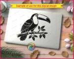 Black silhouette image of a toucan perched on a tree branch with tropical leaves. The toucan has a large curved beak with detailed shading, layered wing and body feathers, and small clawed feet gripping the branch. This toucan clipart is a minimalist black vector png on a transparent background. The toucan svg design includes leaf clusters around the branch, adding a natural jungle feel to the overall composition.