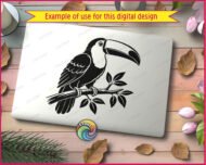 Black silhouette image of a toucan perched on a tree branch with tropical leaves. The toucan has a large curved beak with detailed shading, layered wing and body feathers, and small clawed feet gripping the branch. This toucan clipart is a minimalist black vector png on a transparent background. The toucan svg design includes leaf clusters around the branch, adding a natural jungle feel to the overall composition.