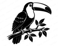 Black silhouette image of a toucan perched on a tree branch with tropical leaves. The toucan has a large curved beak with detailed shading, layered wing and body feathers, and small clawed feet gripping the branch. This toucan clipart is a minimalist black vector png on a transparent background. The toucan svg design includes leaf clusters around the branch, adding a natural jungle feel to the overall composition.