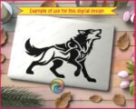 Black silhouette image of a wolf in a strong walking pose with its head raised in a howl. The wolf svg features a solid black body with detailed tribal-style line work flowing through the torso and shoulders, creating an outlined inner design within the silhouette. The wolf's tail curves upward and its front paw is lifted mid-stride. This wolf clipart vector sits on a transparent background with clean, sharp edges throughout the design.