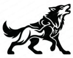 Black silhouette image of a wolf in a strong walking pose with its head raised in a howl. The wolf svg features a solid black body with detailed tribal-style line work flowing through the torso and shoulders, creating an outlined inner design within the silhouette. The wolf's tail curves upward and its front paw is lifted mid-stride. This wolf clipart vector sits on a transparent background with clean, sharp edges throughout the design.
