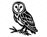 Black silhouette image of a barn owl perched on a tree branch. The barn owl has a heart shaped facial disc with detailed feather markings around large round eyes and a small hooked beak. The barn owl body shows layered tribal style feather patterns down the wings and chest, with sharp talons gripping a branch below. This barn owl design is shown as a clean vector outline on a transparent background, ideal as a digital clipart cut file.