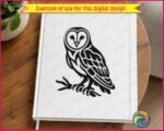 Black silhouette image of a barn owl perched on a tree branch. The barn owl has a heart shaped facial disc with detailed feather markings around large round eyes and a small hooked beak. The barn owl body shows layered tribal style feather patterns down the wings and chest, with sharp talons gripping a branch below. This barn owl design is shown as a clean vector outline on a transparent background, ideal as a digital clipart cut file.