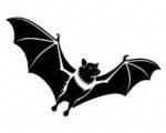 Black silhouette image of a Flying Fox Bat in full flight with both wings spread wide, showing detailed vein lines across the wing membranes. The Flying Fox Bat has a furry chest, a turned head with a visible eye and ear, and small clawed feet tucked below its body. The Flying Fox Bat is rendered as a clean vector clipart svg png in black on a transparent background, capturing a realistic mid-flight pose with fine fur texture detail.