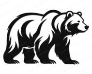 Black silhouette image of a large grizzly bear walking with a strong posture. This detailed bear vector graphic highlights stylized fur patterns using negative space. It is a clean minimalist outline of a wild forest bear ideal as a digital cut file or high resolution png with transparent background. The silhouette capture shows the animal in profile heading right.