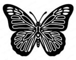 Black silhouette image of a detailed monarch-style butterfly with both wings spread wide in a symmetrical position. The butterfly svg shows curved stripe lines running across the upper and lower wings, with rounded oval markings near the outer wing edges. The body is segmented with antennae curving outward at the top. This butterfly clipart vector has a high level of interior line detail across all four wings, giving the butterfly a rich, structured look typical of a monarch butterfly.