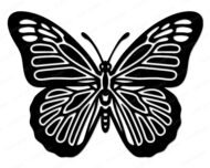 Black silhouette image of a detailed monarch-style butterfly with both wings spread wide in a symmetrical position. The butterfly svg shows curved stripe lines running across the upper and lower wings, with rounded oval markings near the outer wing edges. The body is segmented with antennae curving outward at the top. This butterfly clipart vector has a high level of interior line detail across all four wings, giving the butterfly a rich, structured look typical of a monarch butterfly.