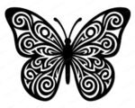 Black silhouette image of a butterfly with large symmetrical wings filled entirely with swirling spiral patterns in a tribal art style. Every section of the butterfly wings contains layered loops and curved lines radiating outward from circular centers. The butterfly body is solid black with two thin antennae at the top. This butterfly design has a bold graphic quality with strong contrast between the filled black areas and the open transparent spiral cutouts throughout the wings.