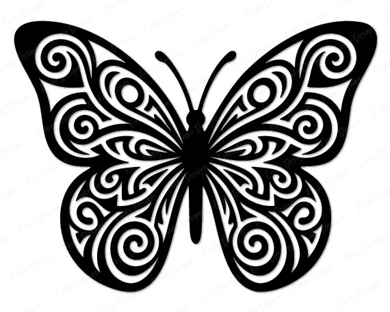 Butterfly Black silhouette image of a butterfly with large symmetrical wings filled entirely with swirling spiral patterns in a tribal art style. Every section of the butterfly wings contains layered loops and curved lines radiating outward from circular centers. The butterfly body is solid black with two thin antennae at the top. This butterfly design has a bold graphic quality with strong contrast between the filled black areas and the open transparent spiral cutouts throughout the wings.