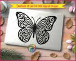 Black silhouette image of a butterfly with large symmetrical wings filled entirely with swirling spiral patterns in a tribal art style. Every section of the butterfly wings contains layered loops and curved lines radiating outward from circular centers. The butterfly body is solid black with two thin antennae at the top. This butterfly design has a bold graphic quality with strong contrast between the filled black areas and the open transparent spiral cutouts throughout the wings.