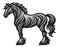 Black silhouette image of a clydesdale horse standing in profile. This strong draft horse is depicted with a detailed flowing mane, a wavy tail, and thick feathered hair around its hooves. The design features stylized cutouts that create a sense of texture and muscle definition across the body of the farm animal. It is a clean vector graphic on a transparent background.