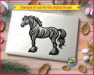 Black silhouette image of a clydesdale horse standing in profile. This strong draft horse is depicted with a detailed flowing mane, a wavy tail, and thick feathered hair around its hooves. The design features stylized cutouts that create a sense of texture and muscle definition across the body of the farm animal. It is a clean vector graphic on a transparent background.