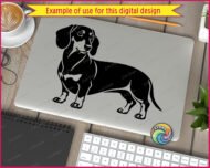 Black silhouette image of a dachshund standing in full profile, showing a long body, short legs, floppy ears, and a detailed face with fine line markings around the eyes and nose. This sausage dog and wiener dog design is a minimalist outline style vector clipart, ideal as an svg or png cut file, shown as a transparent digital graphic with clean smooth edges throughout.