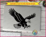 Black silhouette image of a bald eagle swooping downward with both wings spread wide, showing layers of detailed feather markings across the full wingspan. The eagle's head is turned to the right with a sharp beak and focused eye clearly visible. Both sets of talons are extended forward, open and ready to strike. This eagle svg clipart vector is rendered in solid black on a transparent background with clean, precise linework throughout every part of the bird.