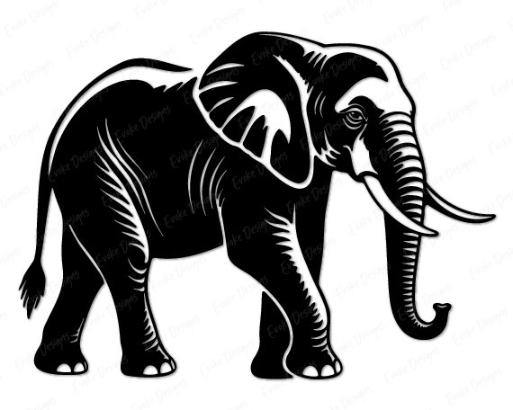 Elephant Silhouette image of a walking African elephant shown in side profile. The elephant faces right with its trunk curled slightly at the tip and tusks clearly visible. Fine line detail runs across the elephant's large ears, wrinkled legs, and textured skin, giving the image a woodcut or linocut style. This elephant svg clipart is a single-color vector design with a transparent background, clean outlines, and detailed internal line work that captures the natural weight and scale of a real elephant.