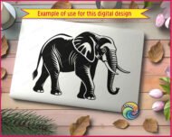 Silhouette image of a walking African elephant shown in side profile. The elephant faces right with its trunk curled slightly at the tip and tusks clearly visible. Fine line detail runs across the elephant's large ears, wrinkled legs, and textured skin, giving the image a woodcut or linocut style. This elephant svg clipart is a single-color vector design with a transparent background, clean outlines, and detailed internal line work that captures the natural weight and scale of a real elephant.