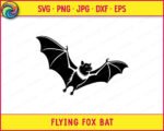 Black silhouette image of a Flying Fox Bat in full flight with both wings spread wide, showing detailed vein lines across the wing membranes. The Flying Fox Bat has a furry chest, a turned head with a visible eye and ear, and small clawed feet tucked below its body. The Flying Fox Bat is rendered as a clean vector clipart svg png in black on a transparent background, capturing a realistic mid-flight pose with fine fur texture detail.