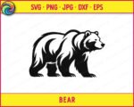 Black silhouette image of a large grizzly bear walking with a strong posture. This detailed bear vector graphic highlights stylized fur patterns using negative space. It is a clean minimalist outline of a wild forest bear ideal as a digital cut file or high resolution png with transparent background. The silhouette capture shows the animal in profile heading right.