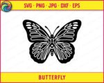 Black silhouette image of a detailed monarch-style butterfly with both wings spread wide in a symmetrical position. The butterfly svg shows curved stripe lines running across the upper and lower wings, with rounded oval markings near the outer wing edges. The body is segmented with antennae curving outward at the top. This butterfly clipart vector has a high level of interior line detail across all four wings, giving the butterfly a rich, structured look typical of a monarch butterfly.