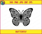 Black silhouette image of a butterfly with large symmetrical wings filled entirely with swirling spiral patterns in a tribal art style. Every section of the butterfly wings contains layered loops and curved lines radiating outward from circular centers. The butterfly body is solid black with two thin antennae at the top. This butterfly design has a bold graphic quality with strong contrast between the filled black areas and the open transparent spiral cutouts throughout the wings.