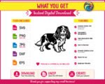 Black silhouette image of a Cavalier King Charles Spaniel standing in profile with long feathered ears, a fluffy curved tail, and detailed fur markings across its back and chest. This Cavalier King Charles Spaniel design shows the dog looking forward with soft rounded eyes and a gentle expression. The Cavalier King Charles Spaniel cut file has clean outlines suited for svg and png digital projects, shown as a transparent vector clipart graphic.