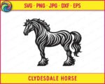 Black silhouette image of a clydesdale horse standing in profile. This strong draft horse is depicted with a detailed flowing mane, a wavy tail, and thick feathered hair around its hooves. The design features stylized cutouts that create a sense of texture and muscle definition across the body of the farm animal. It is a clean vector graphic on a transparent background.