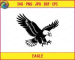 Black silhouette image of a bald eagle swooping downward with both wings spread wide, showing layers of detailed feather markings across the full wingspan. The eagle's head is turned to the right with a sharp beak and focused eye clearly visible. Both sets of talons are extended forward, open and ready to strike. This eagle svg clipart vector is rendered in solid black on a transparent background with clean, precise linework throughout every part of the bird.