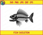 Black silhouette image of a detailed fish skeleton. This fish skeleton features visible rib bones, sharp teeth, and bony fins, presenting a complete skeletal structure. The transparent background makes this fish skeleton perfect for various digital projects. It is a clear, minimalist vector outline of a fish skeleton, ideal as a cut file or clipart.