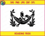 Black silhouette image of a Reading Frog lying back in a hammock strung between two leafy plants holding an open book up to read. The Reading Frog has one leg crossed over the other in a relaxed pose, with tall grass and leaves framing both sides of the scene. This Reading Frog design is shown as a clean vector cut file with smooth outlines on a transparent background, ideal as a minimalist digital clipart image.