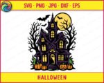 Layered colour image of a halloween haunted house with a tall crooked roofline, glowing yellow windows, and a lit up front door. Bare twisted black trees stand on both sides beneath a large yellow full moon, with bats flying across the sky in a spooky season bats pumpkins scene. Orange pumpkins and green grass sit along the bottom near the porch steps. Colours include deep purple, black, yellow, and orange in a layered vector cut file style with a transparent background.