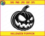 Black silhouette image of a halloween pumpkin with a menacing carved face, featuring large angular slanted eyes, a wide jagged grin with uneven teeth, and a long curved stem at the top. The halloween pumpkin has deep vertical ridges across its round body and a slightly lopsided expression that gives it a creepy, unsettling look. This halloween pumpkin svg clipart is a bold black vector design on a transparent background, perfect as a spooky jack-o-lantern cut file.